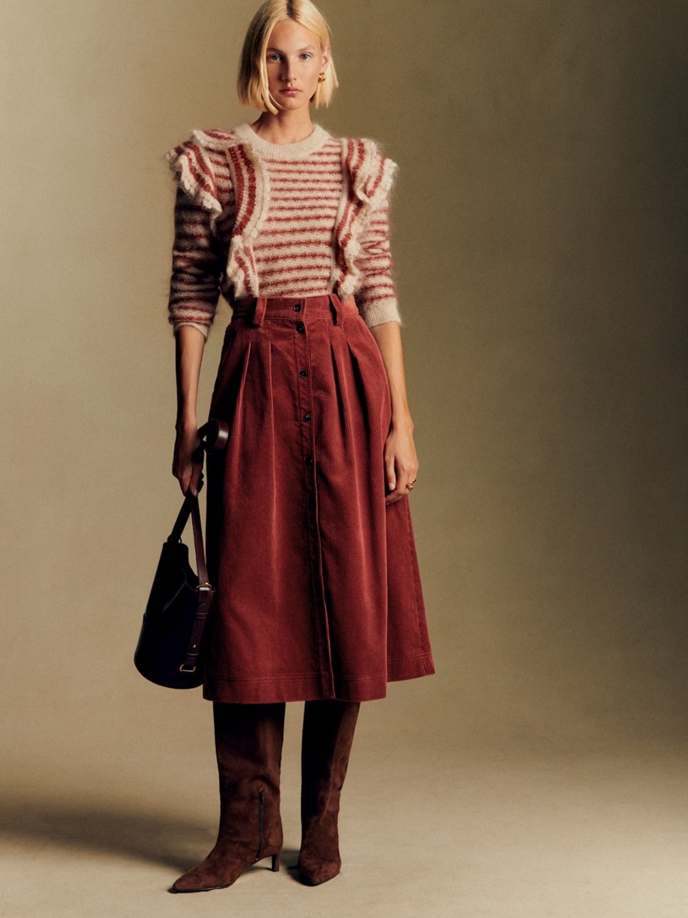 Sezane Clarine Skirt Button-Front Rust Midi NWT US4 Color Maple